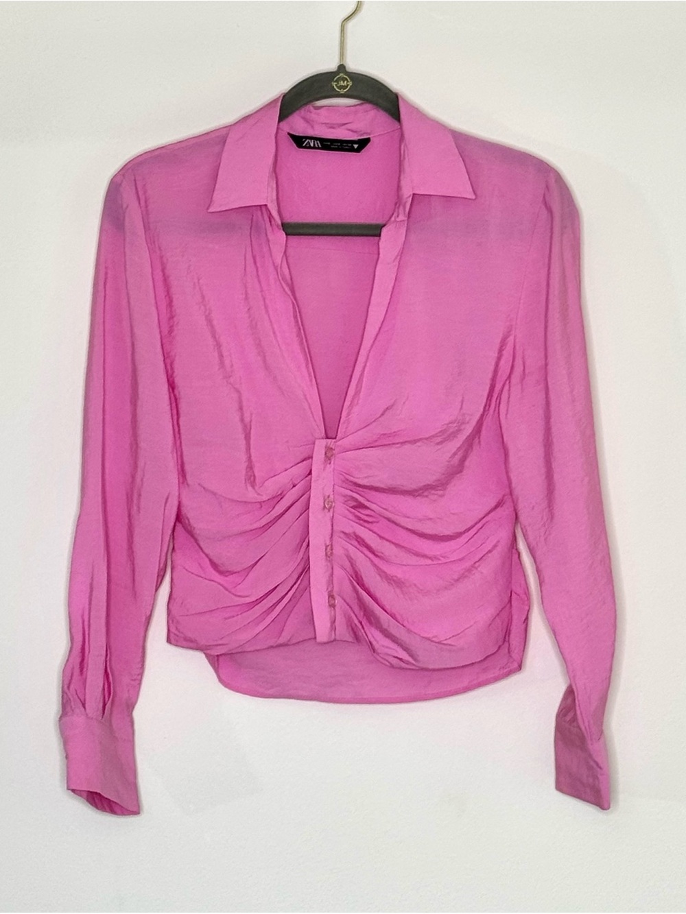 Zara Bright Pink Ruched Button-Front Long Sleeve Blouse